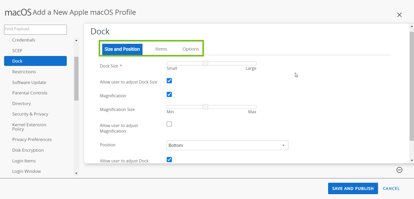 The Dock profile displaying Size and position, Item and Options