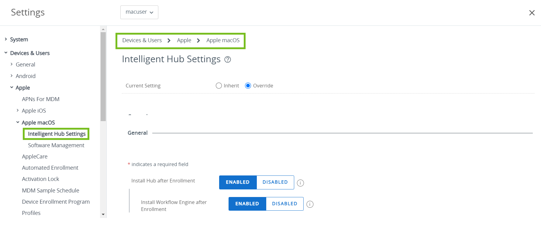 The intelligent hub settings page shows various settings with Apple macOS option highlighted The intelligent hub settings page shows various settings with Apple macOS option highlighted