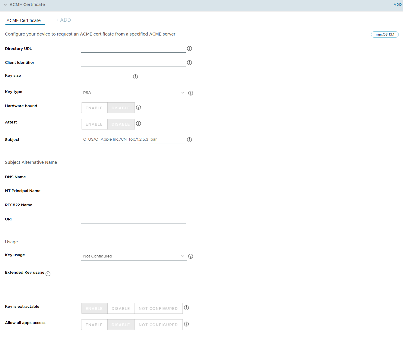 The ACME payload settings page displaying various options