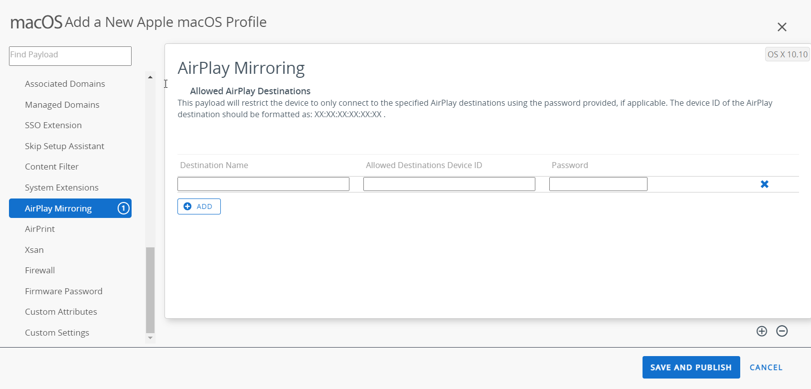 The Airplay Mirroring payload settings page displaying various options