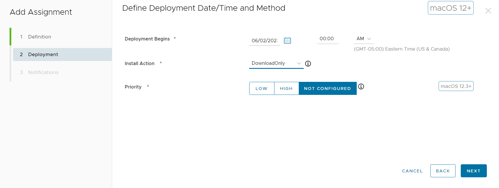Deployment page showing the options to enter deployment methods and scheduling priority for download Deployment page showing the options to enter deployment methods and scheduling priority for download