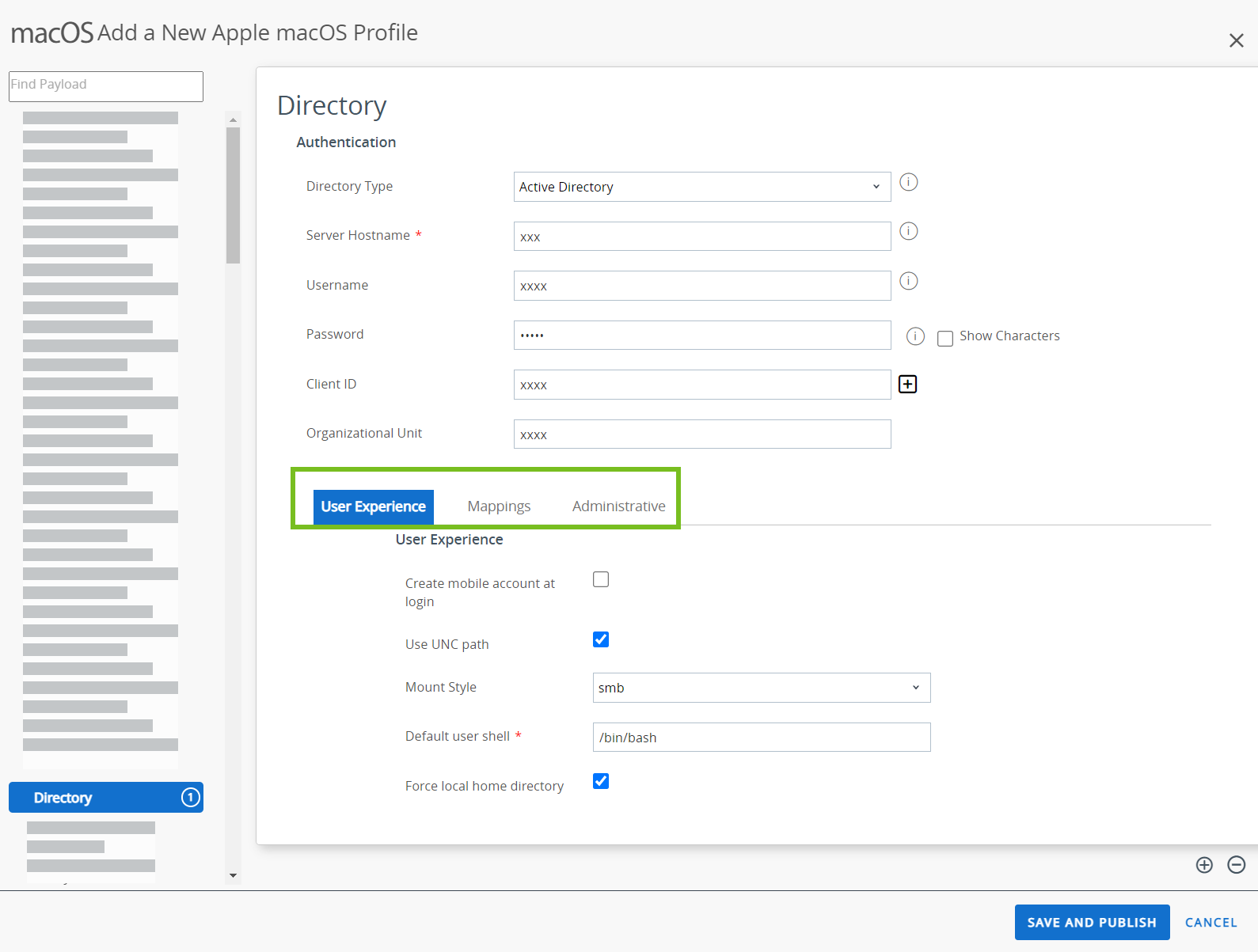 The Directory profile displays the options for authentication with the User experience option highlighted