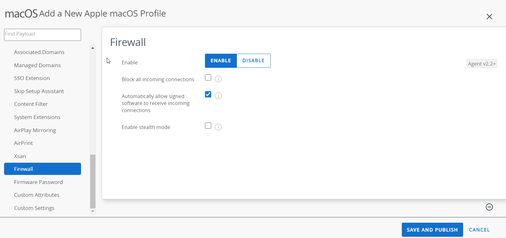 The Firewall payload page displays the options to enable the firewall