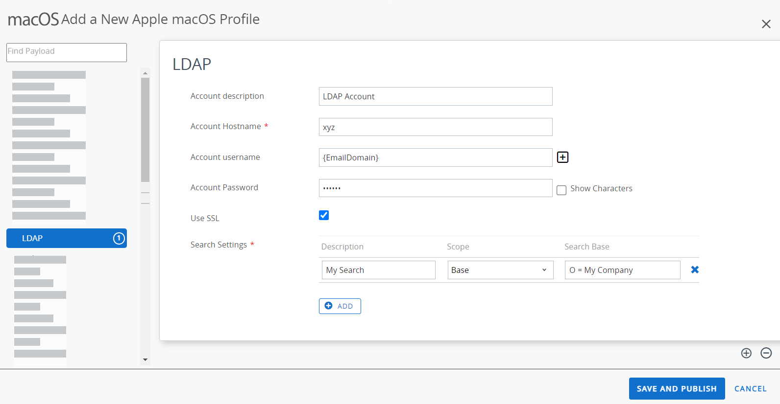 The LDAP payload displays the options for LDAP account settings