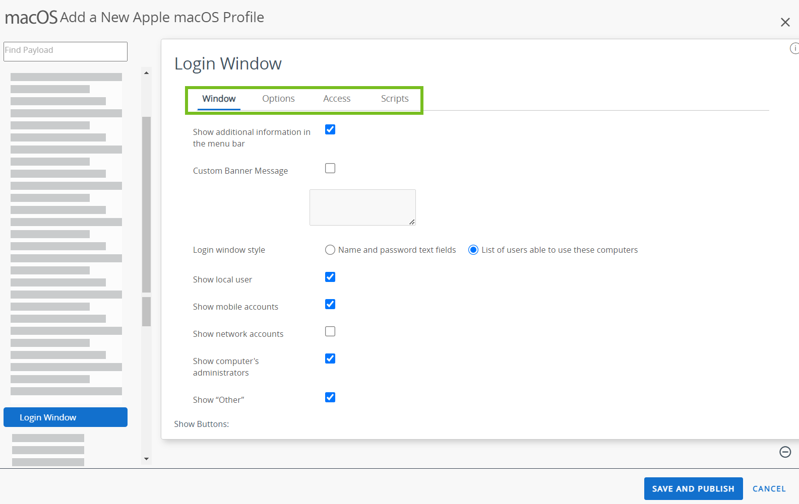 The Login Window profile displays options for windows,access and scripts