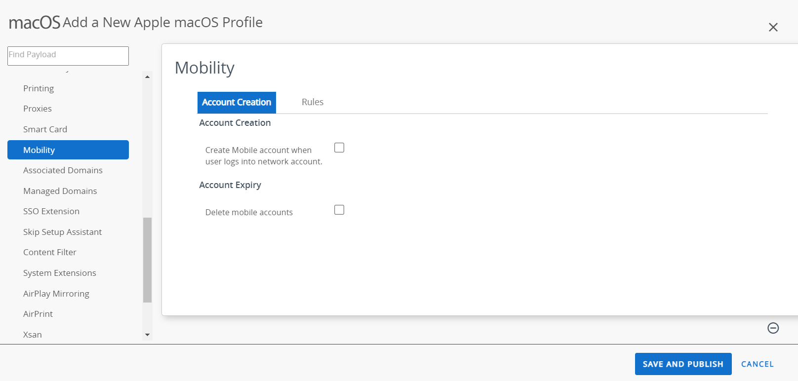 The mobility payload displays the options for mobile account creation and expiry