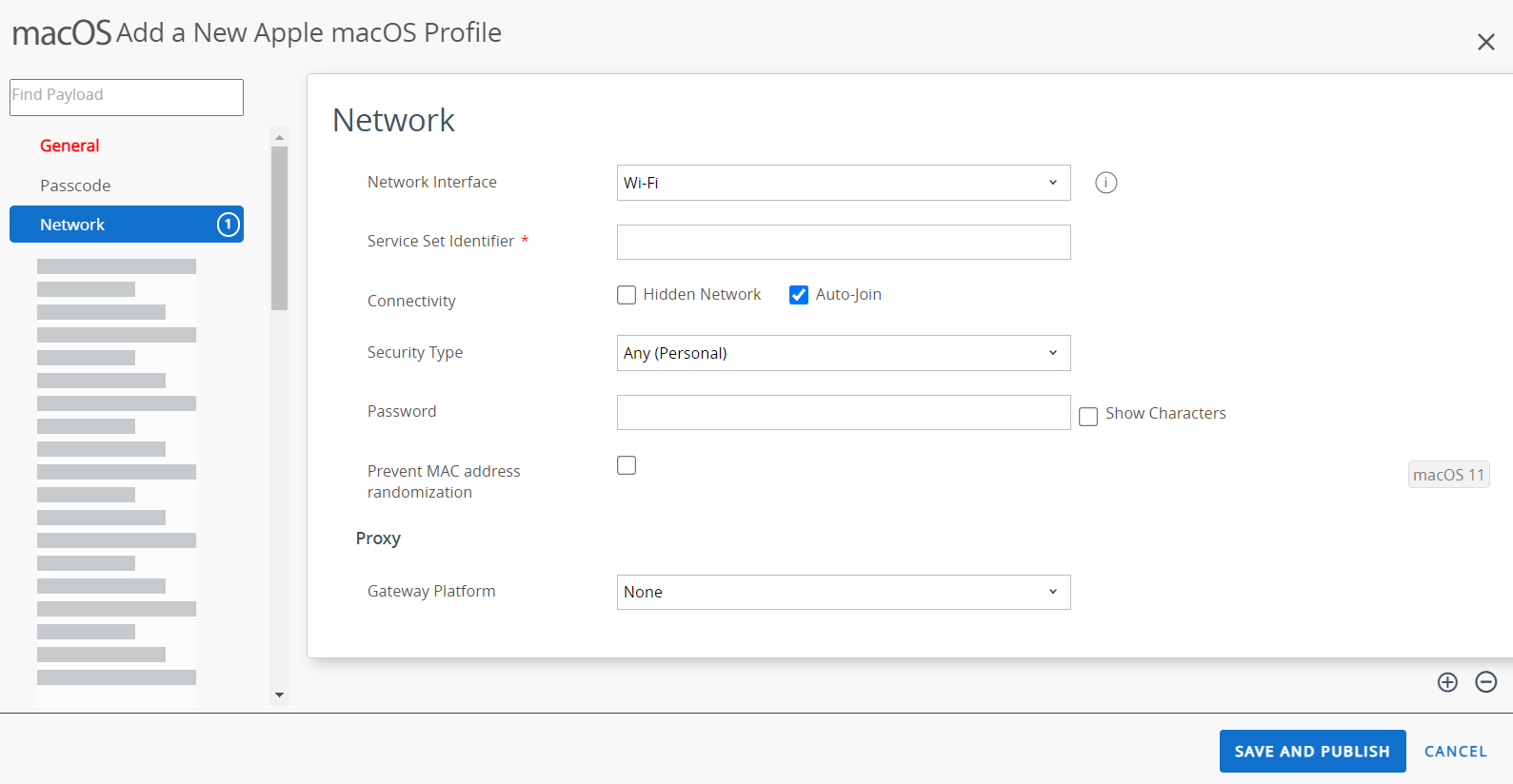 The network payload displays the options for network and proxy settings