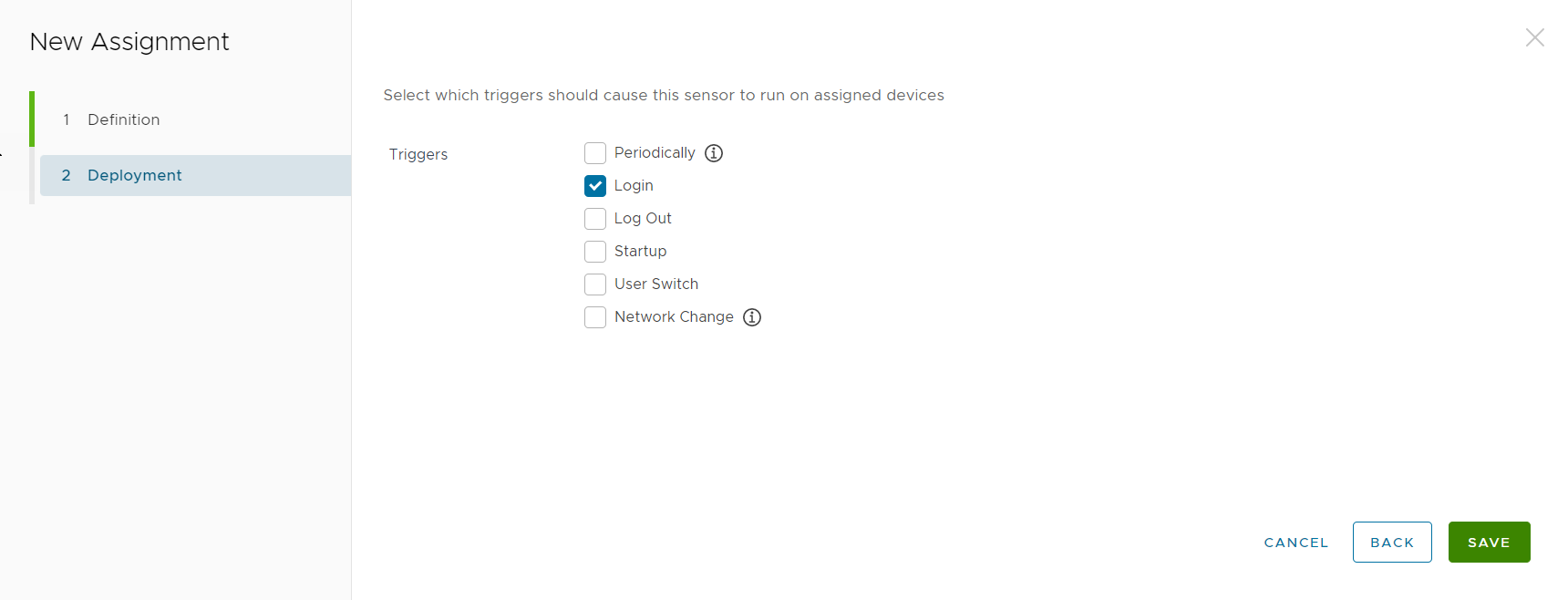 The new assignment page displays the options to select a trigger