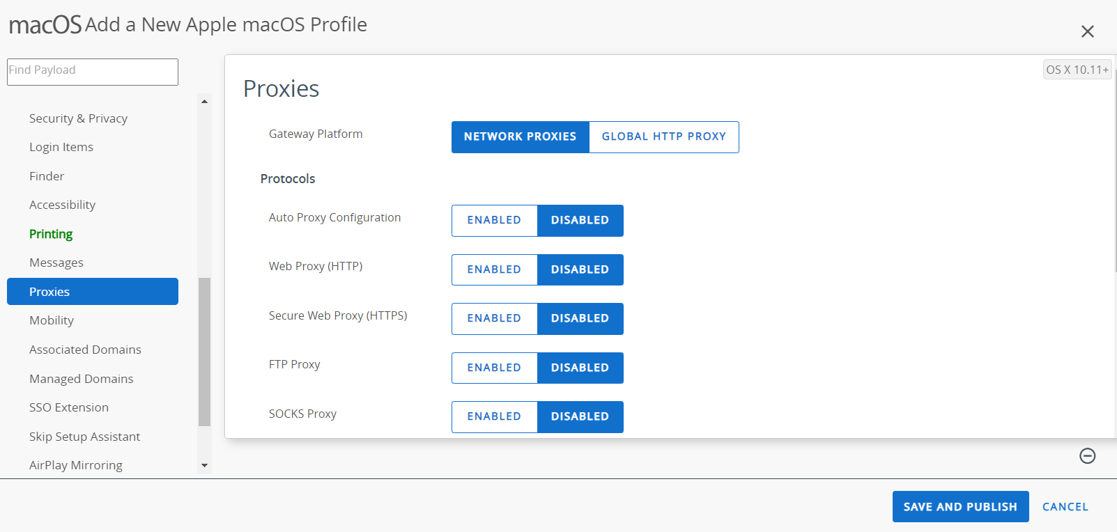 The proxies payload displays proxy options for protocols