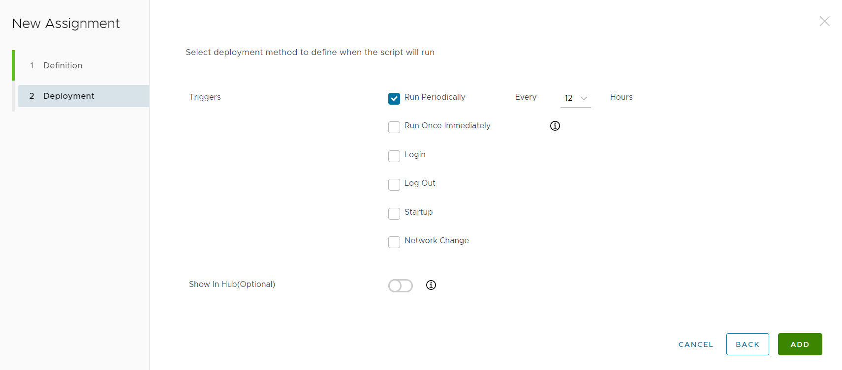 The New Assignment Deployment page showing Triggers