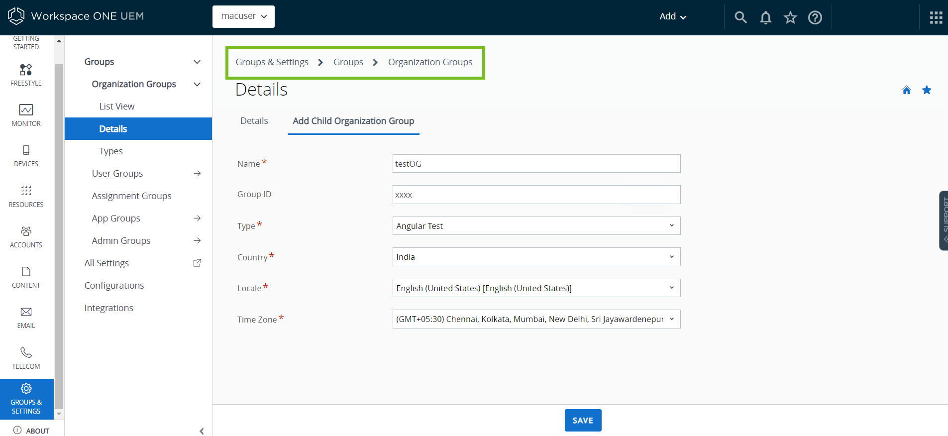 The Organization Group Details page displaying options to add the details with Add Child Organization Group option highlighted The Organization Group Details page displaying options to add the details with Add Child Organization Group option highlighted