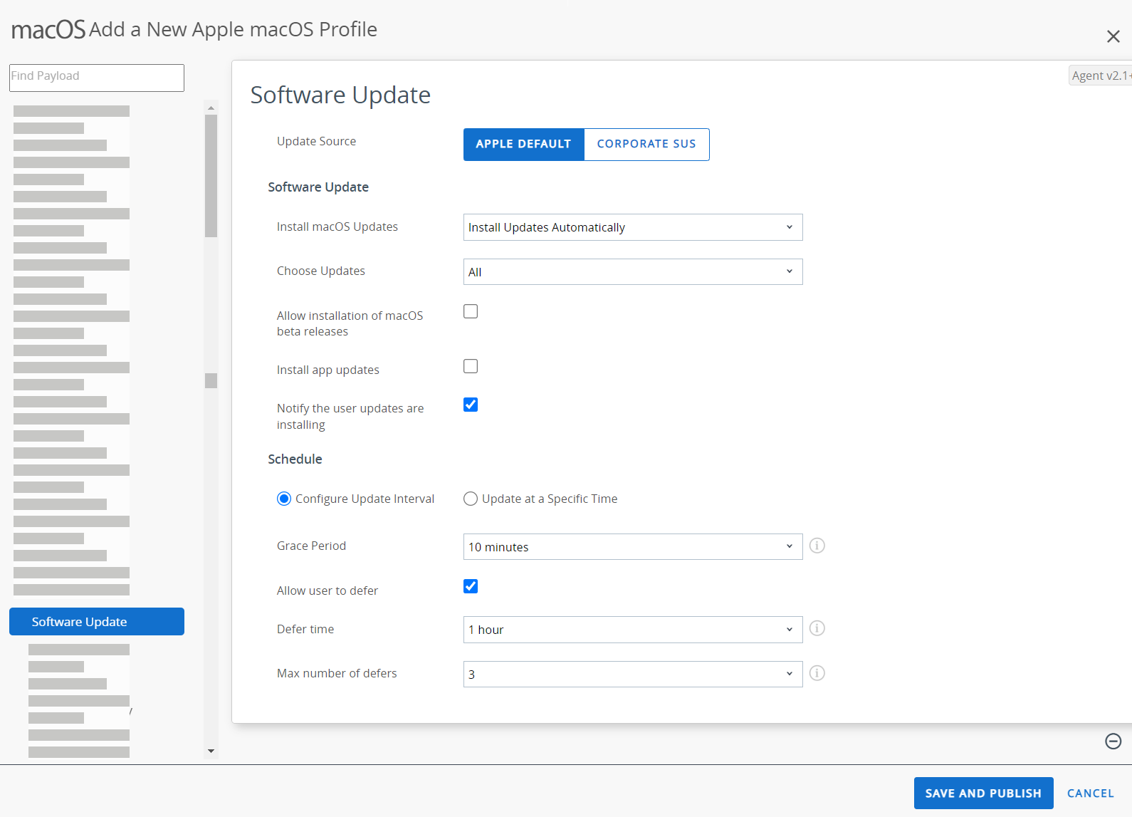 The software update payload displays software update and schedule options