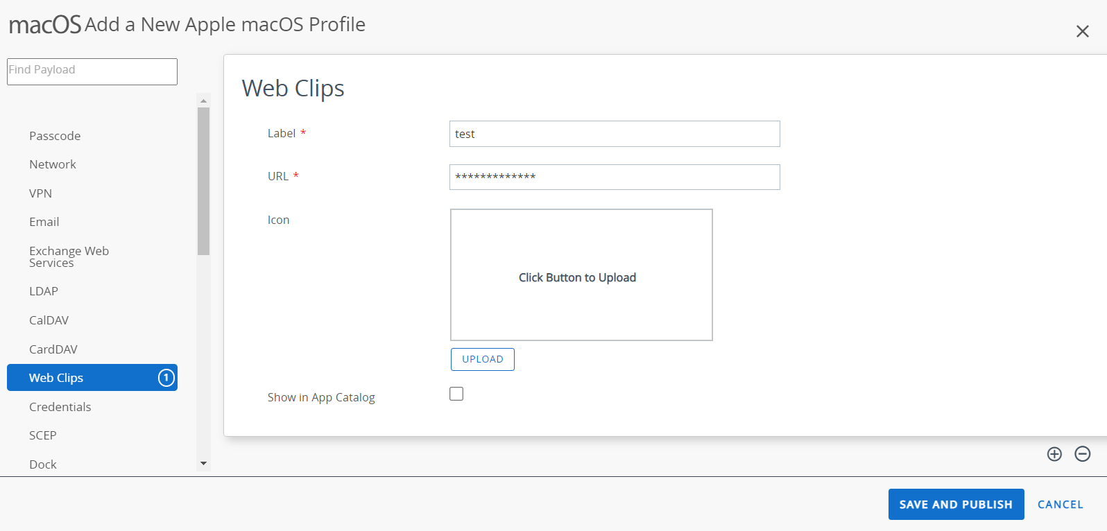 The web clips payload page
