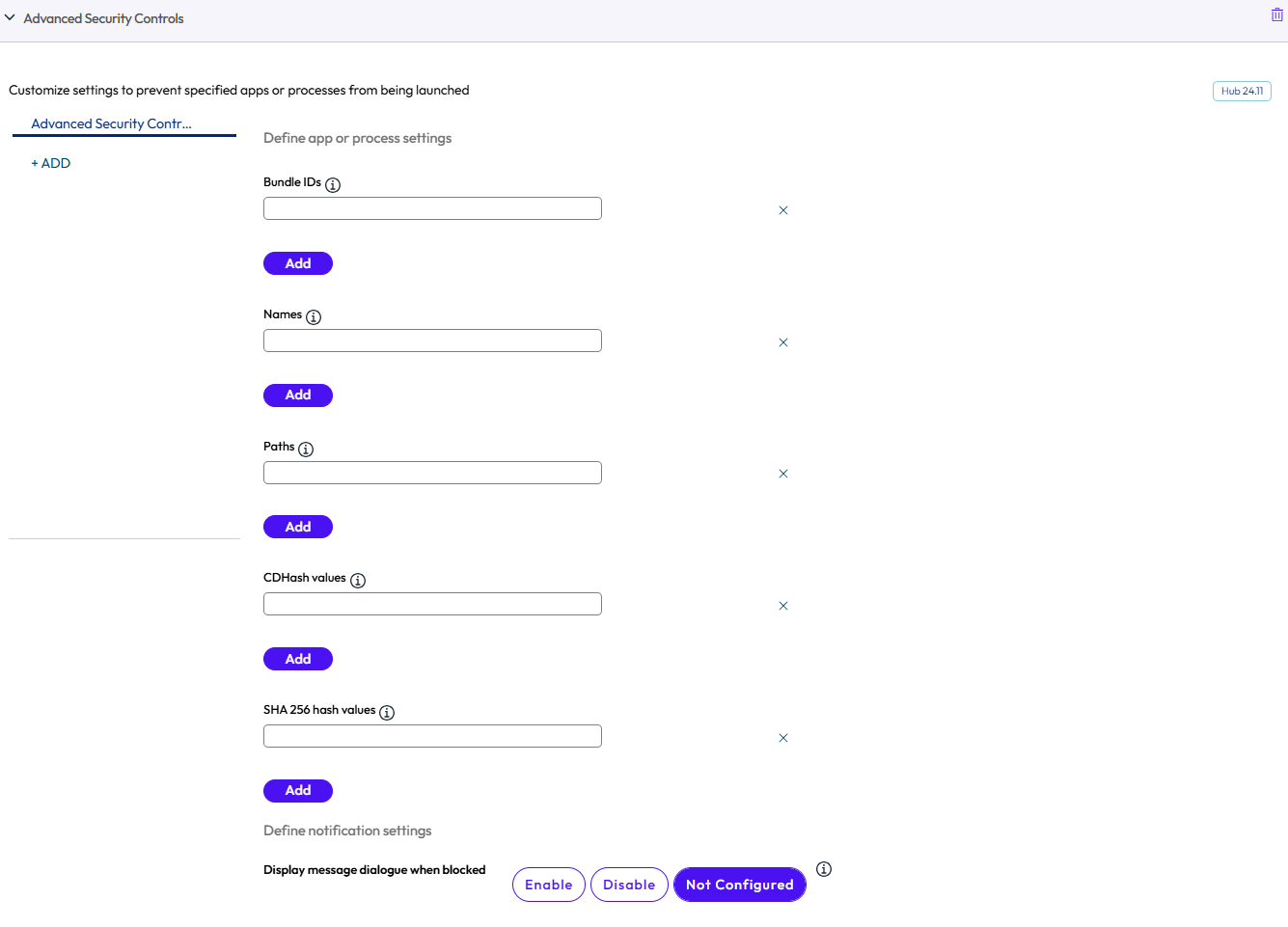 The Advanced Security Controls page shows the options populated with the values