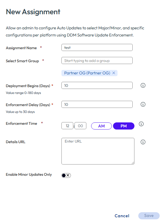 New Assignment page showing various option to set Auto Update feature