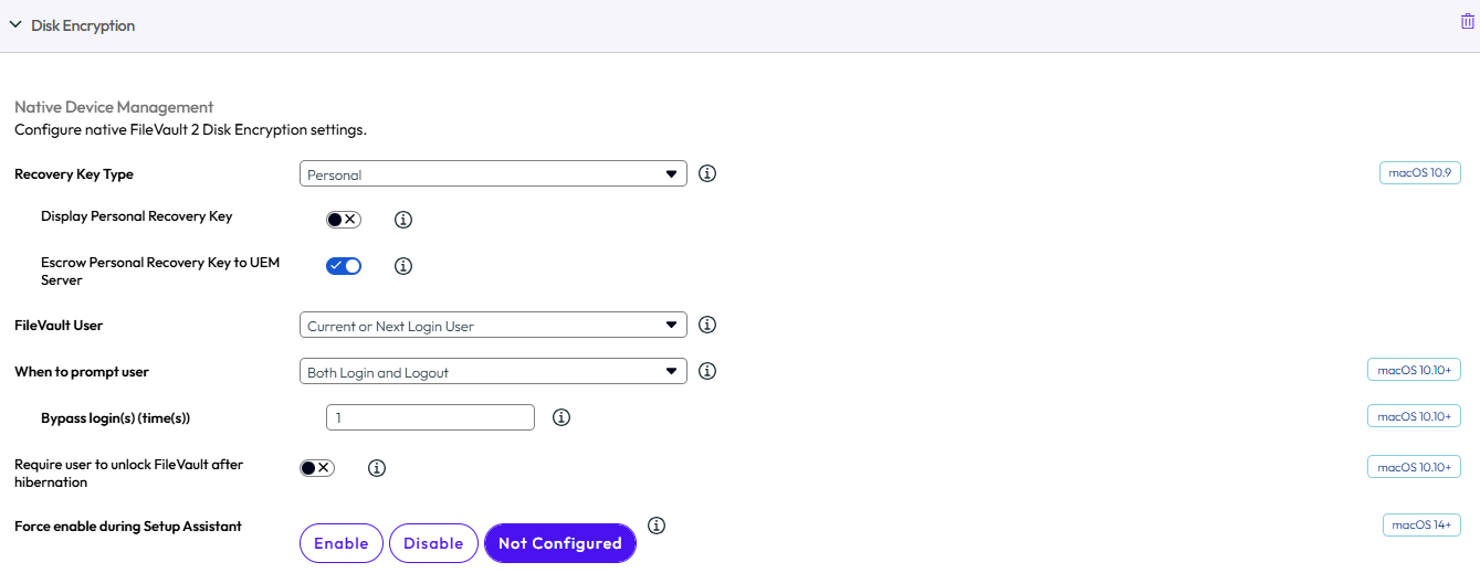 The Disk Encryption profile page displaying Native Device Management and Intelligent Hub settings