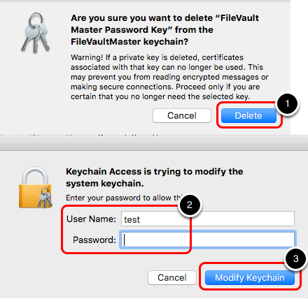 Warning screen to confirm deleting FileVault Master Password key
