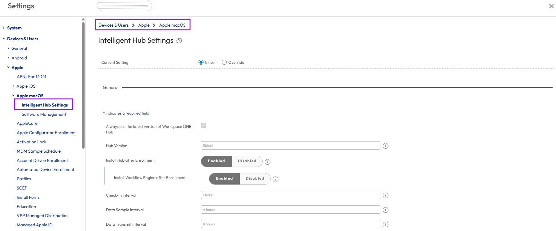 The intelligent hub settings page shows various settings with Apple macOS option highlighted The intelligent hub settings page shows various settings with Apple macOS option highlighted