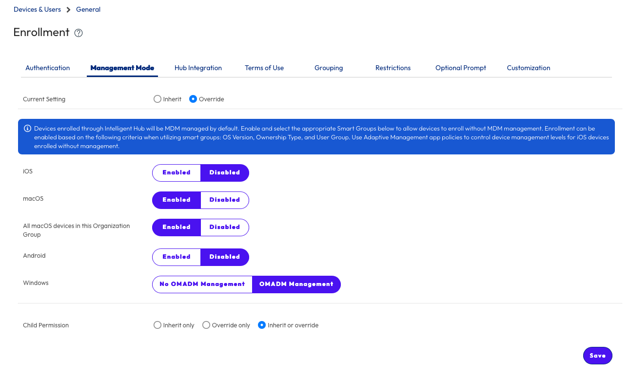 Enrollment window showing registered mode enabled foe macOS devices