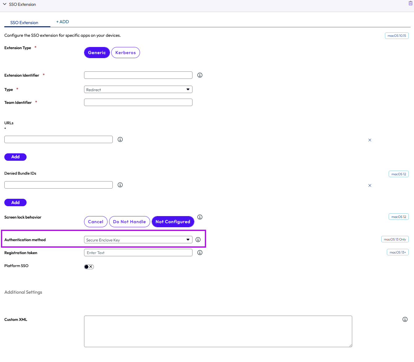 The SSO extension payload displays option to configure Platform SSO extensions for specific apps