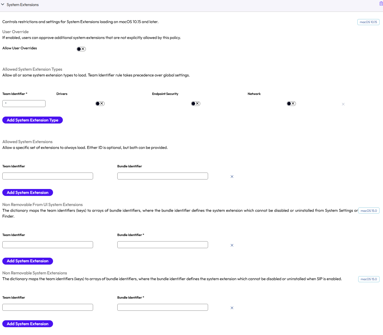 The system extension payload displays options to control extensions and restrictions for system extensions 
