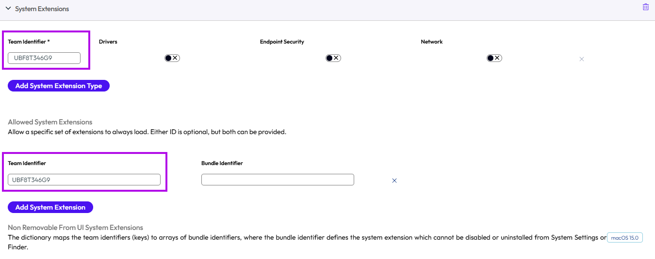 The system extension payload displays options to control extensions and restrictions for system extensions 