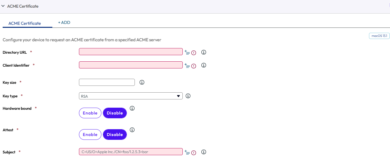 The ACME payload settings page displaying various options