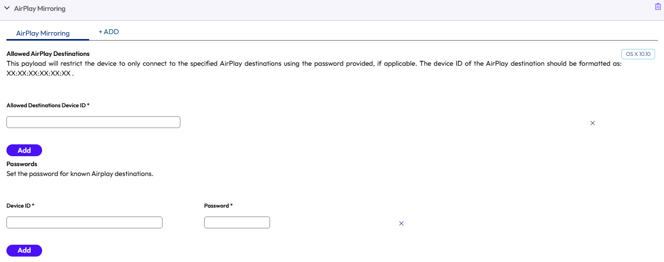 The Airplay Mirroring payload settings page displaying various options