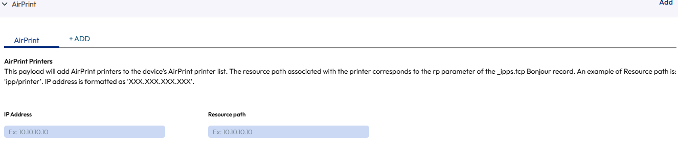 The Airprint payload settings page displaying IP address and Resource path options