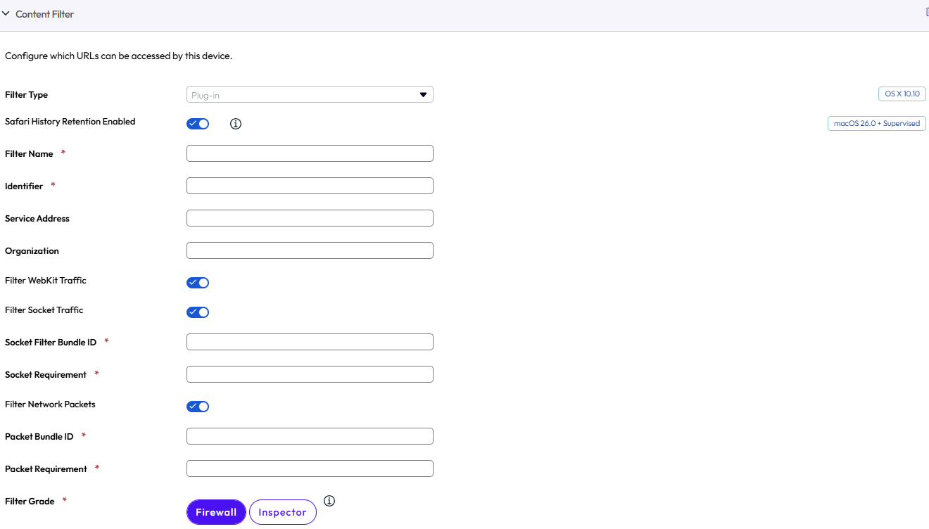 The Content Filter payload shows different options to configure URLs that can be accessed by the device