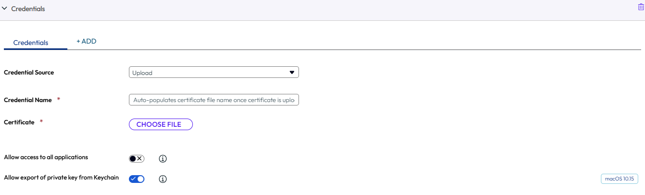 The Credentials payload displaying various options