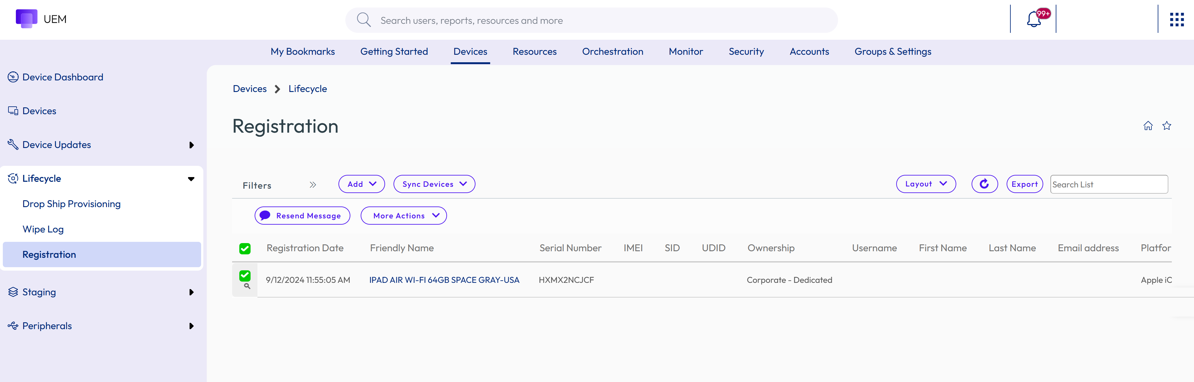 Custom Layout displaying Registration Date,Friendly Name,Serial Number,IMEI options etc