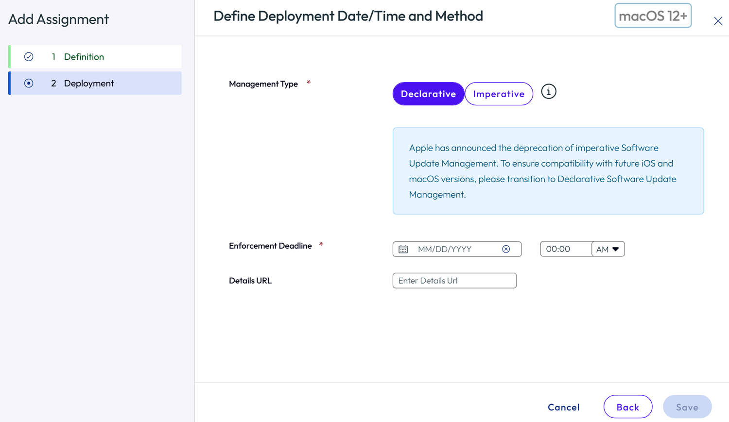 Deployment page showing the options to enter deployment methods and scheduling priority for download Deployment page showing the options to enter deployment methods and scheduling priority for download