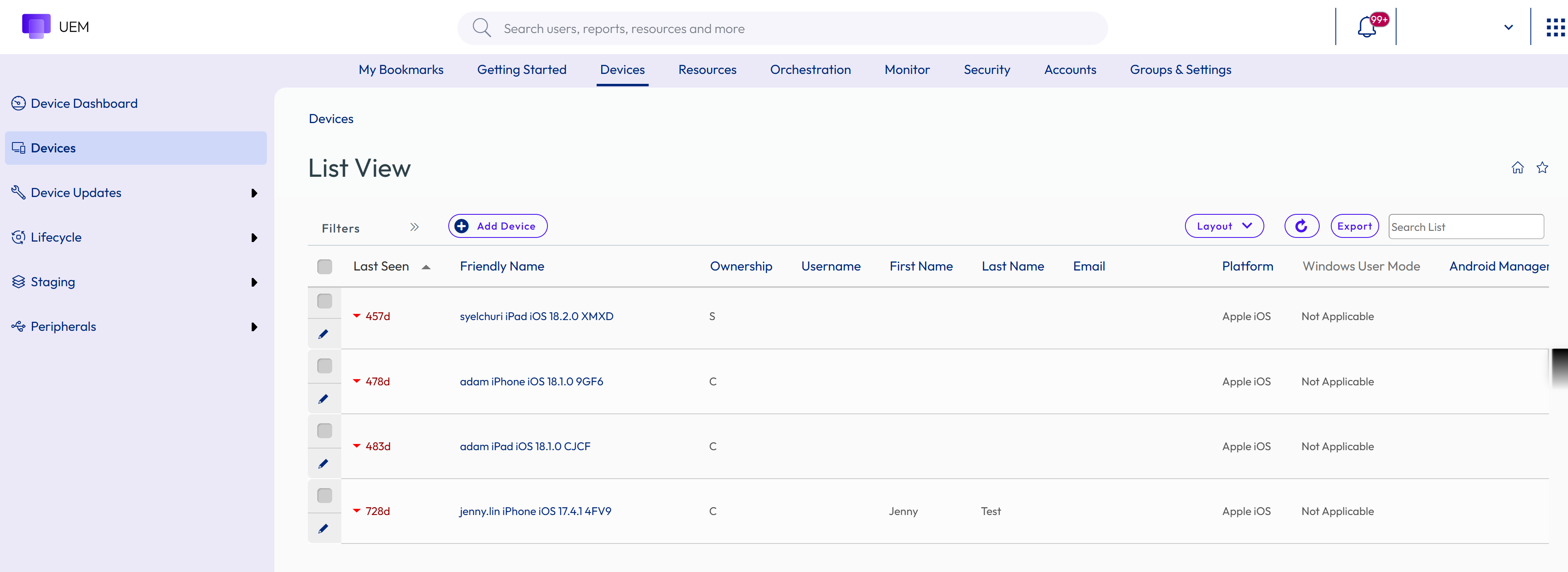 Device List View displays general information about the device, platform, user details, enrollment and compliance status