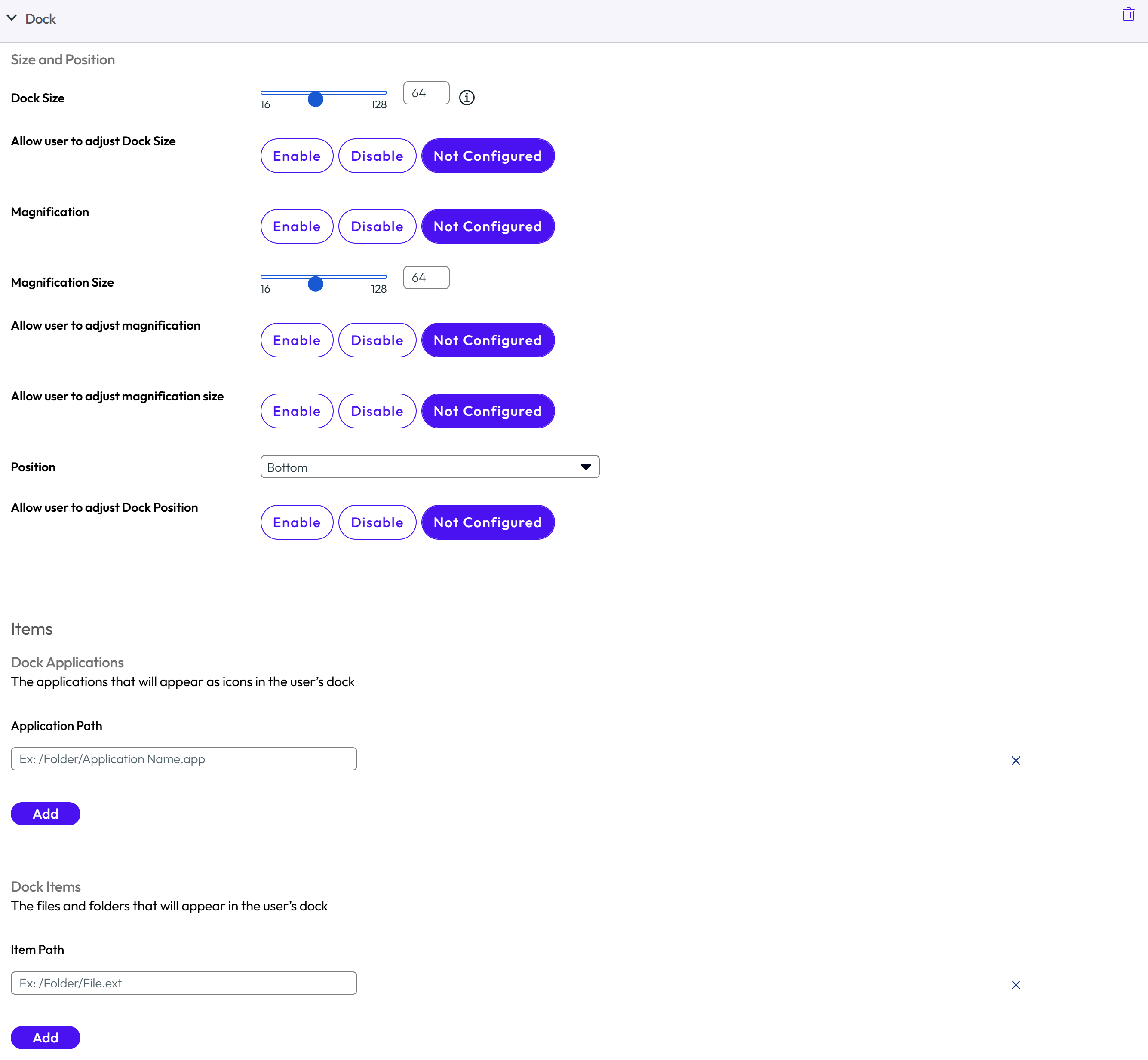 The Dock profile displaying Size and position, Item and Options