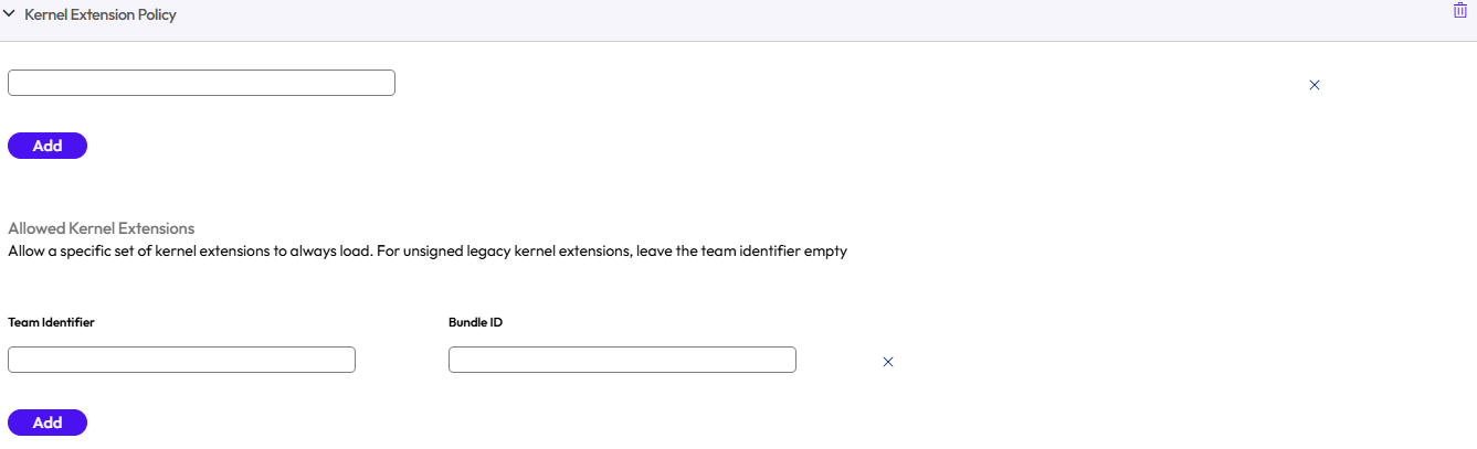 The Kernel Extension policy payload displays restrictions and settings for user approved kernel extension