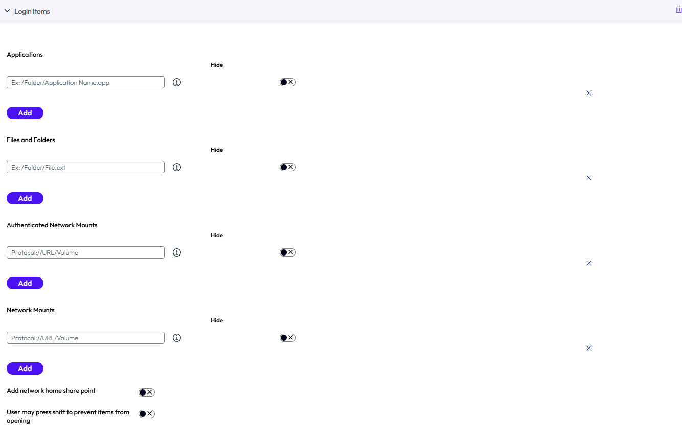 The Login Items payload displays options such as Applications, file and folders etc