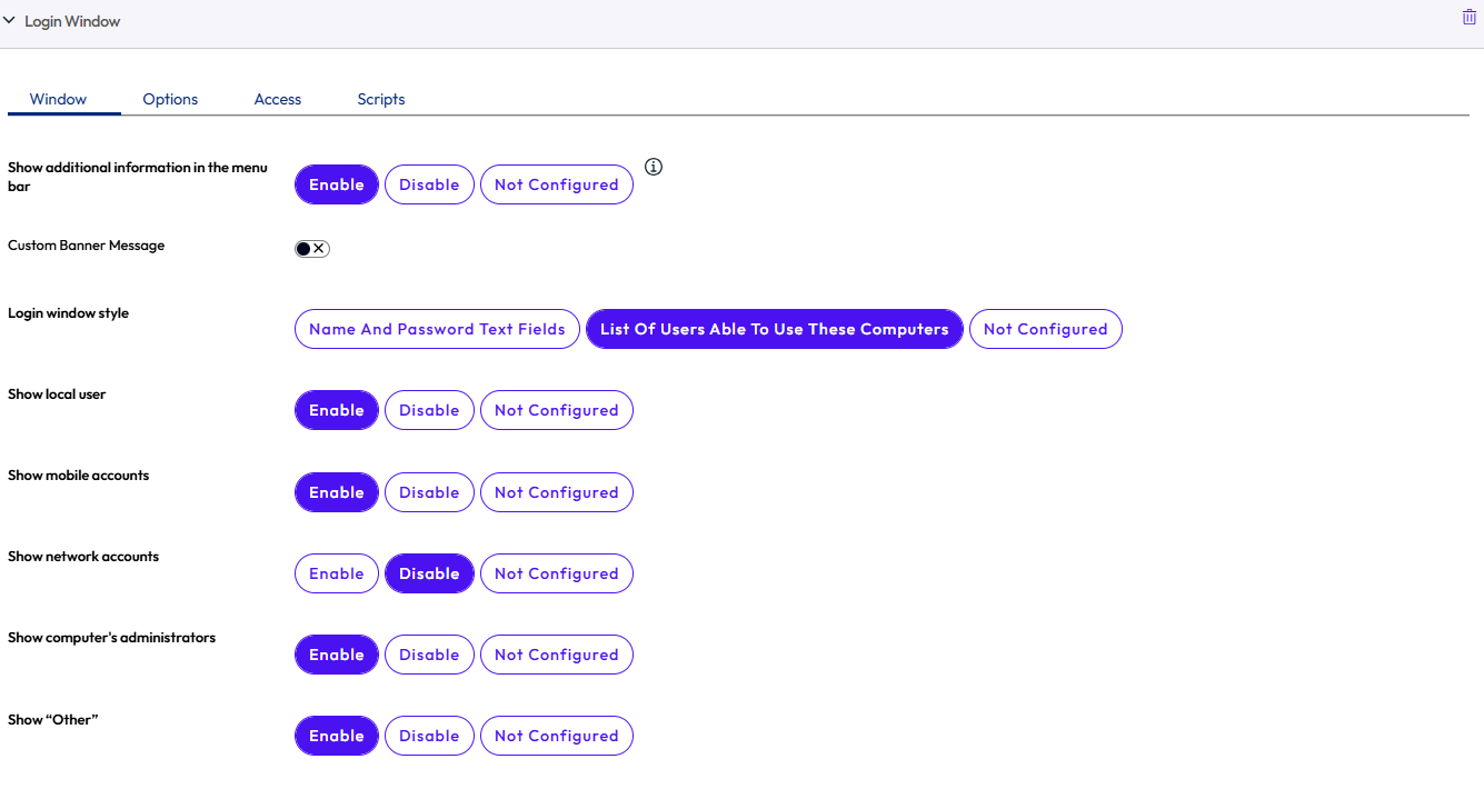 The Login Window profile displays options for windows,access and scripts