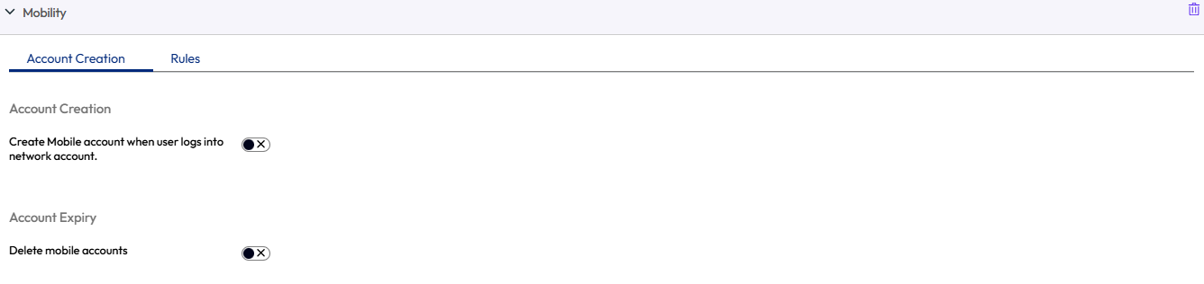 The mobility payload displays the options for mobile account creation and expiry
