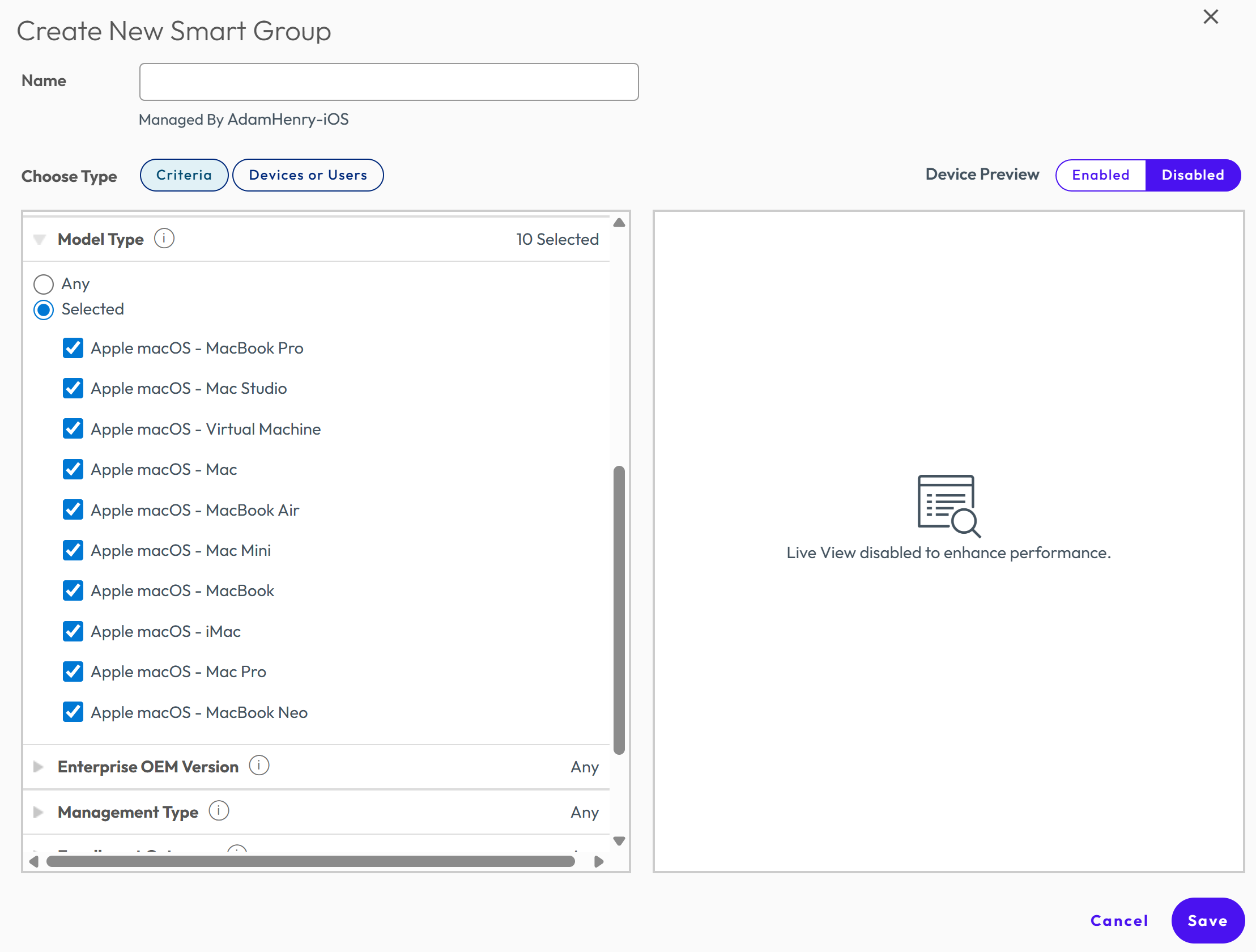 Model category for macOS devices