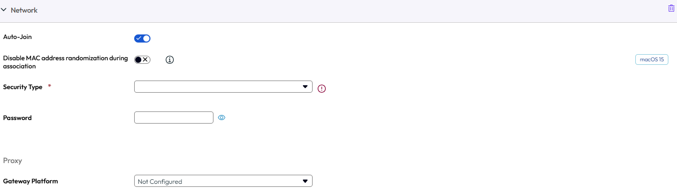 The network payload displays the options for network and proxy settings