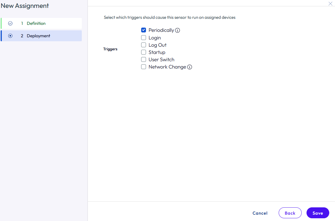 The new assignment page displays the options to select a trigger The new assignment page displays the options to select a trigger