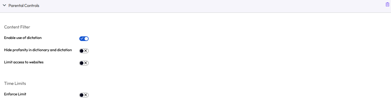 The parental controls profile displays content filter and time limits options