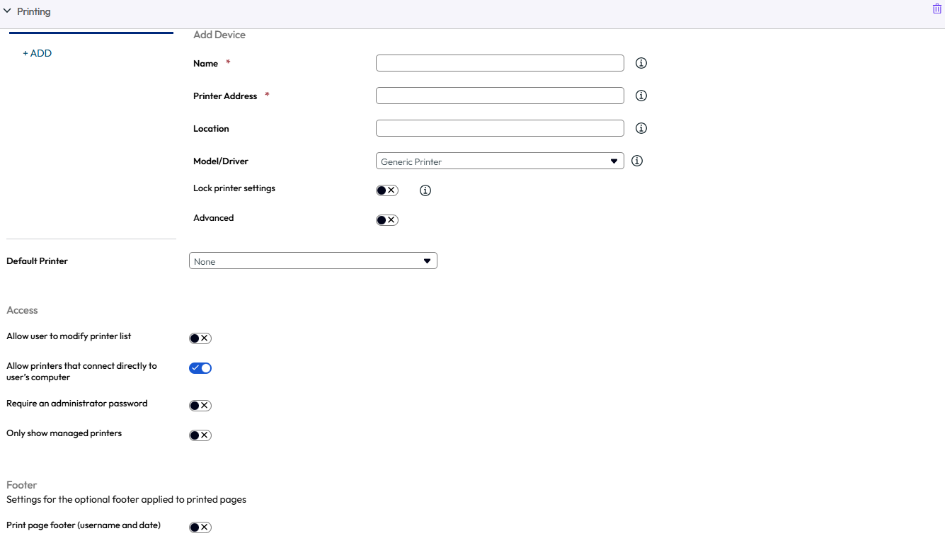 The printing payload displays the options for adding peripherals