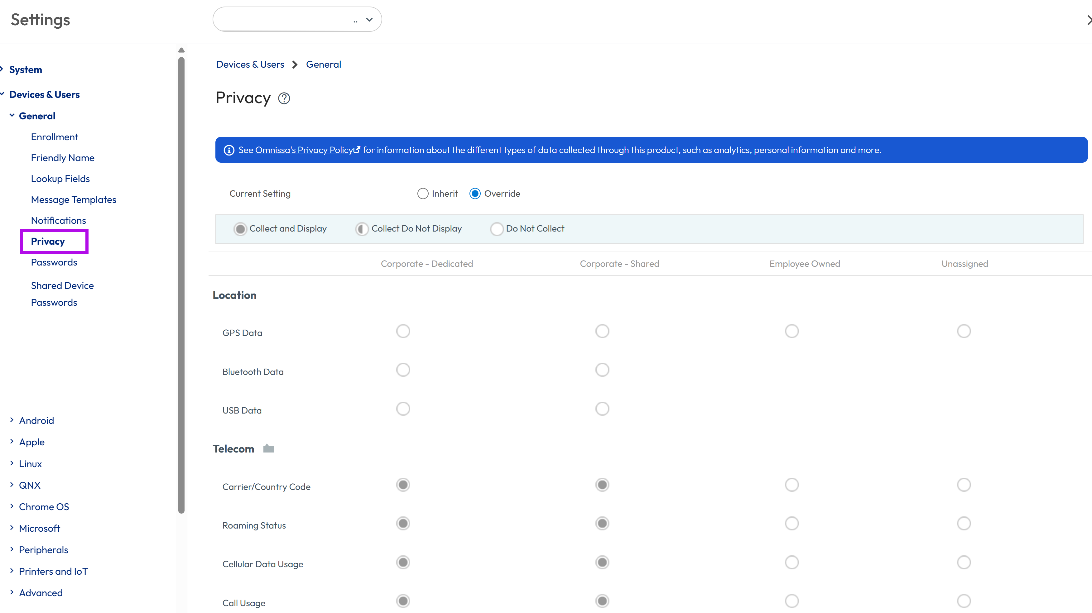 The Privacy settings user interface contains location,telecom,applications,profiles and network settings with privacy option highlighted.