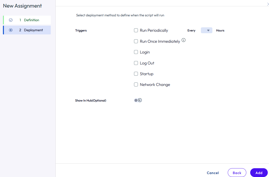 The New Assignment Deployment page showing Triggers