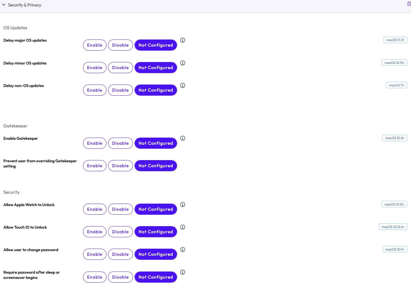 The security and privacy payload displays OS updates, gatekeeper and security settings
