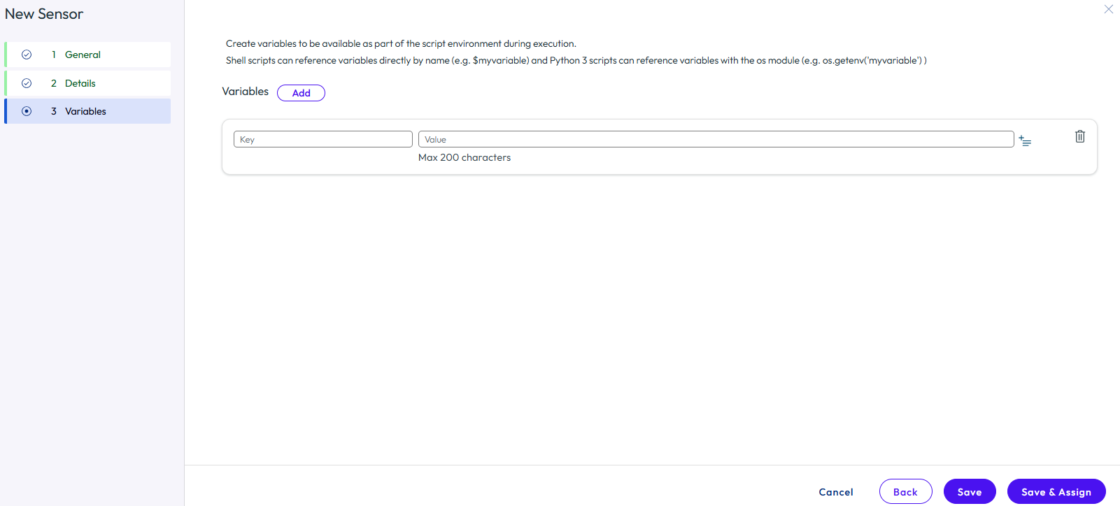 The New Sensor Variables page displays the option for adding variables The New Sensor Variables page displays the option for adding variables