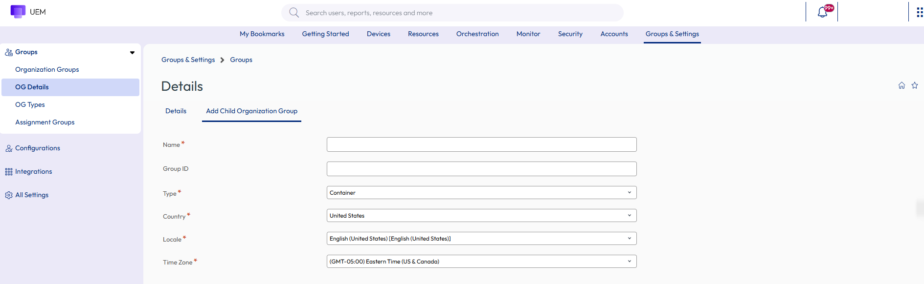 The Organization Group Details page displaying options to add the details with Add Child Organization Group option highlighted