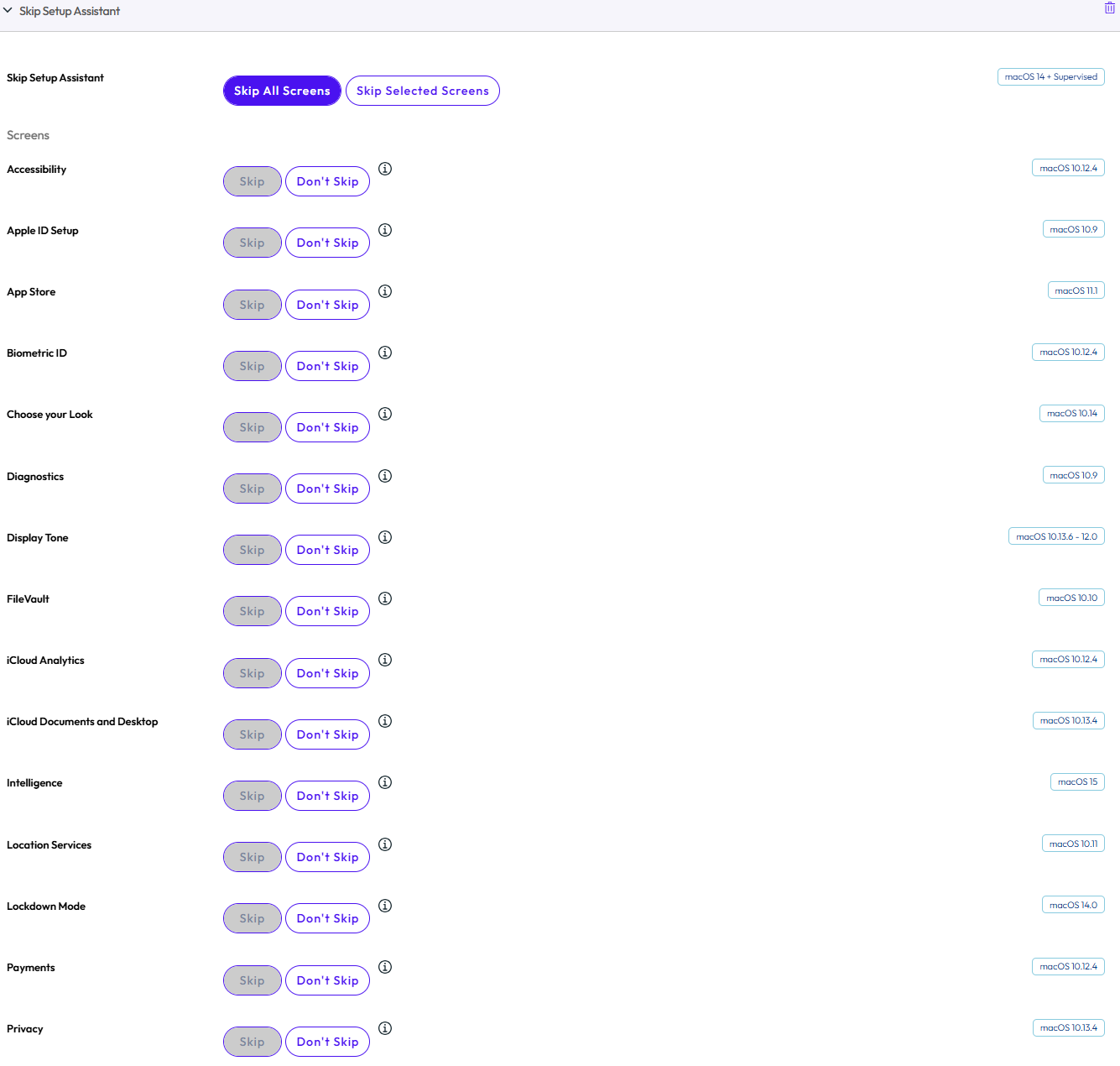 The skip setup assistant payload page displays various options to skip setup screens